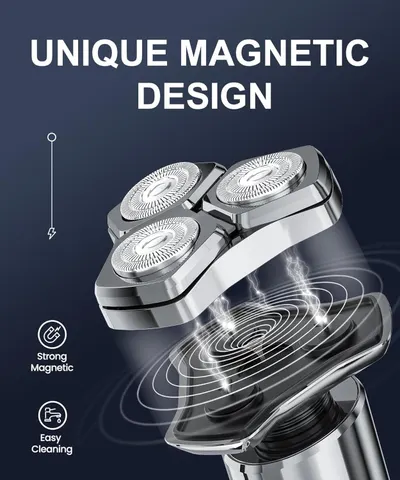 Highlights the unique magnetic design of the shaver, emphasizing its strong magnetic properties and easy cleaning feature.