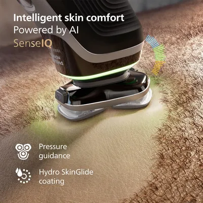 Highlights the product's intelligent skin comfort feature powered by AI, emphasizing its ability to provide a comfortable shaving experience.