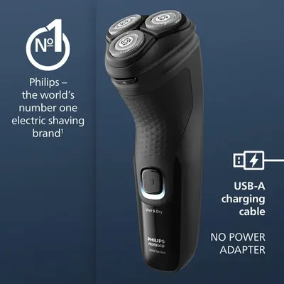 Highlights Philips as the top electric shaving brand and showcases the USB charging feature to emphasize convenience and modern design.