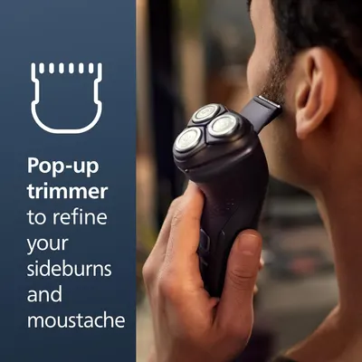 Highlights the product's pop-up trimmer feature for precise grooming of sideburns and moustache.