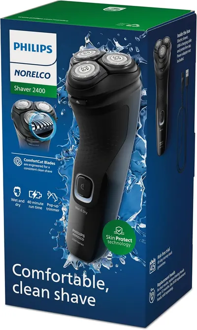 Highlights multiple key features of the electric shaver to demonstrate its versatility and effectiveness for comfortable, clean shaving.