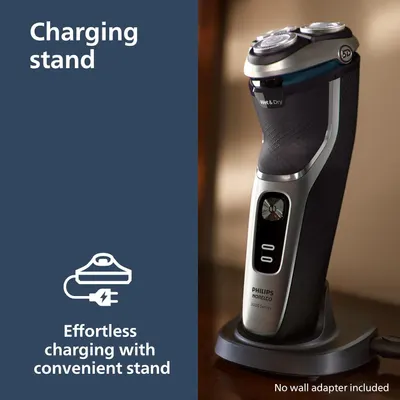 Highlights the convenient charging stand feature of the electric shaver, emphasizing effortless charging and storage.