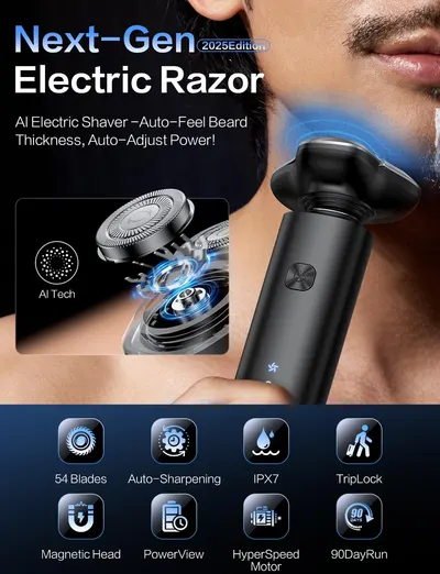 Showcases multiple advanced features of the electric razor to demonstrate its technological superiority and convenience for users