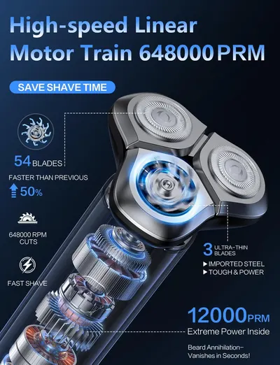 Highlights the electric shaver's advanced motor and blade technology to demonstrate its superior speed and efficiency in shaving.
