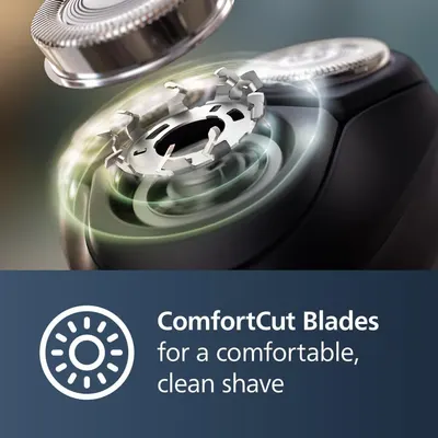 Highlights the product's ComfortCut Blades feature to emphasize a comfortable and clean shaving experience.