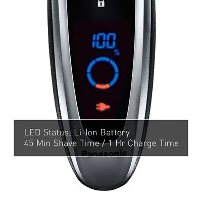 Highlights the product's battery performance, showing 45 minutes of shave time on a 1-hour charge to emphasize convenience and efficiency.