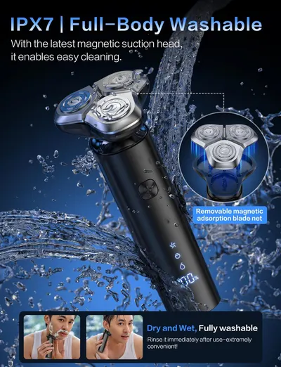 Highlights the product's waterproof capabilities to reassure customers about its durability and ease of cleaning. Emphasizes the convenience of being able to fully wash the electric shaver, making…