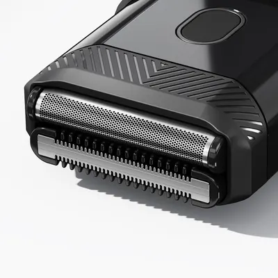 Highlights the razor's dual blade design to demonstrate its cutting efficiency and precision.