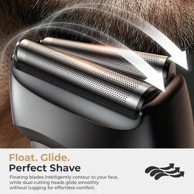 Highlights the product's floating blade technology and smooth gliding action for a comfortable, close shave.