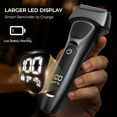 Highlights the product's larger LED display feature, emphasizing its smart reminder function for charging and low battery warning