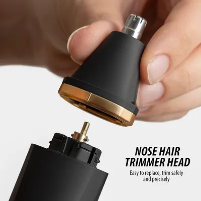 Demonstrates how to easily replace the nose hair trimmer head, emphasizing the product's user-friendly design and precision.