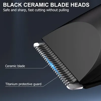 Highlights the product's ceramic blade heads, emphasizing their safety, sharpness, and ability to cut quickly without pulling hair. Shows the detailed construction of the blade heads, pointing out…