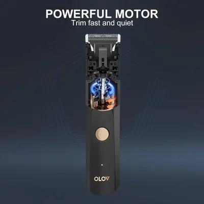 Highlights the product's powerful motor feature, emphasizing fast and quiet trimming performance.