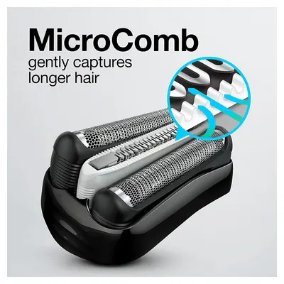 Highlights the product's MicroComb feature that gently captures longer hair, demonstrating its effectiveness for users with longer hair types.