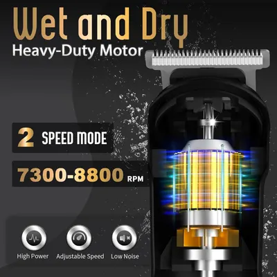 Highlights multiple key features of the product, emphasizing its versatility for wet and dry use, powerful motor, and adjustable settings to appeal to users looking for a high-performance grooming…