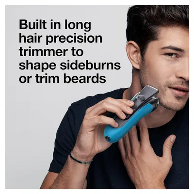 Highlights the product's built-in precision trimmer for shaping sideburns and trimming beards, emphasizing its versatility for detailed grooming tasks.