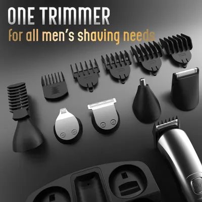 Showcases the variety of attachments included with the trimmer, emphasizing its versatility for all men's shaving needs.