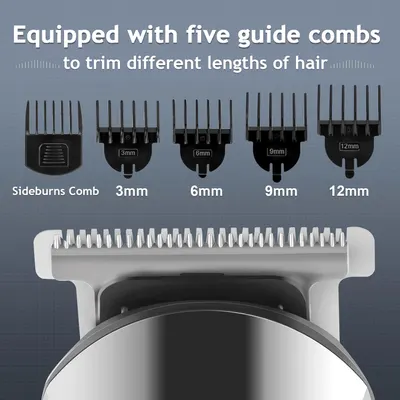 Showcases the different guide comb attachments and trimmer blade to demonstrate the product's versatility in trimming various hair lengths.