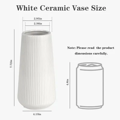 Provides precise measurements of the white ceramic vase to help shoppers understand its size and proportions.