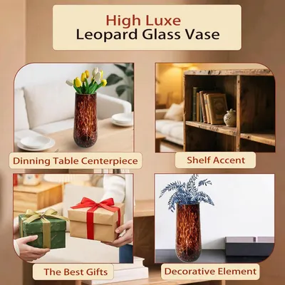 Demonstrates multiple ways to use the leopard glass vase in home decor, showcasing its versatility as a centerpiece, shelf accent, and decorative element.