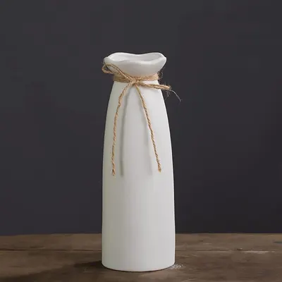 Showcases the simple, elegant design of the white ceramic vase with rustic twine accent.