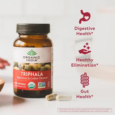 Highlights multiple health benefits of the Triphala supplement, focusing on digestive system support.