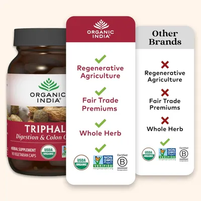 Highlights Organic India's superior practices and product quality compared to other brands, emphasizing their commitment to regenerative agriculture, fair trade, and whole herb usage.