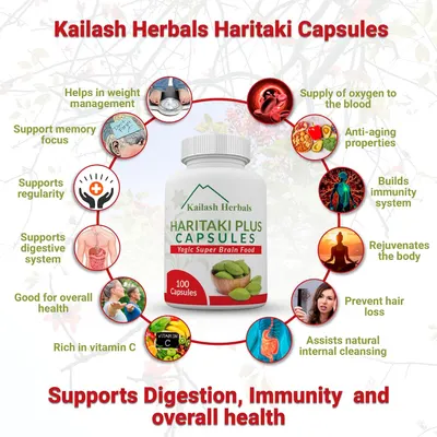 Showcases multiple health benefits of Kailash Herbals Haritaki Capsules to demonstrate its versatility as a supplement for overall wellness.