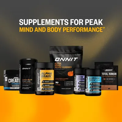 Showcases the full range of supplement products offered by the brand Onnit for mind and body performance enhancement.