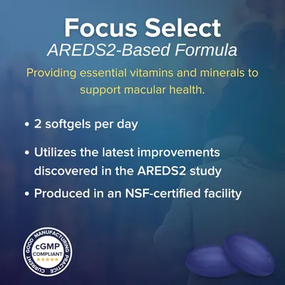 Highlights multiple key features of the Focus Select supplement to demonstrate its effectiveness and quality for supporting macular health.