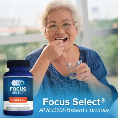 Highlights the product's focus on eye health for older adults, showing a happy senior taking the supplement.