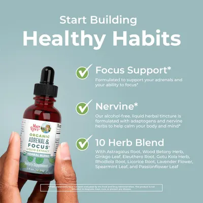 Highlights multiple benefits of the product, including focus support, calming effects, and a diverse herbal blend to promote healthy habits.