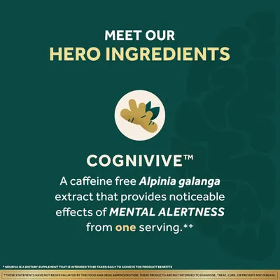 Highlights the key ingredient Cognivive and its benefit of providing mental alertness without caffeine.