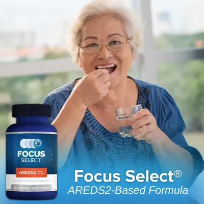 Shows an older woman happily taking the product, implying it's easy to use and beneficial for seniors. Highlights the specific formula (AREDS2-Based) to communicate the product's targeted benefit…