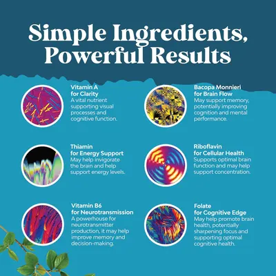 Showcases multiple key ingredients in the product and their specific benefits for brain health and cognitive function.