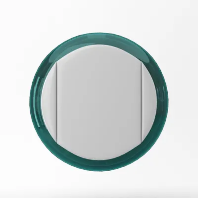 Highlights the product's distinctive circular shape with a teal border, emphasizing its aesthetic appeal.