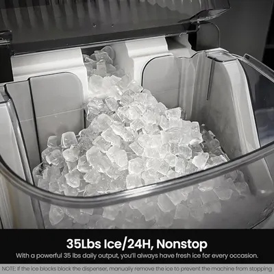 Highlights the ice maker's high-capacity production of 35 lbs of ice per 24 hours, emphasizing its ability to continuously provide fresh ice. Emphasizes the product's ability to produce ice…