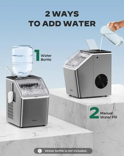 Demonstrates two ways to add water to the ice maker, helping customers understand the product's versatility and ease of use.