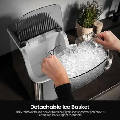Highlights the convenience of a removable ice basket for quick and easy access to ice.