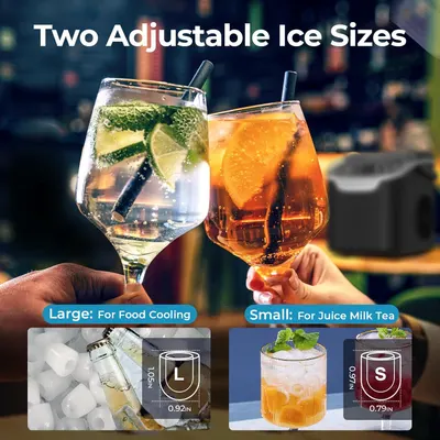 Highlights the product's ability to produce two different ice sizes for various drink applications, enhancing versatility.
