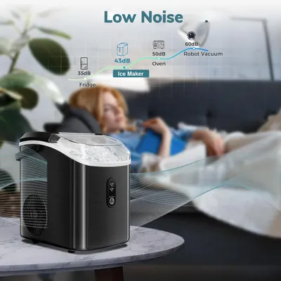 Highlights the ice maker's quiet operation compared to other common household appliances, reassuring customers it won't be disruptive.