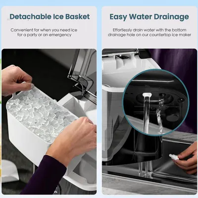 Highlights two key features of the ice maker: the convenience of a removable ice basket and the ease of draining water, demonstrating the product's user-friendly design.