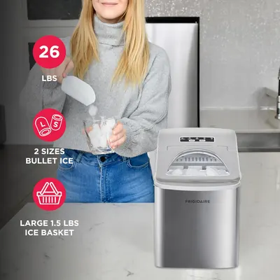 Highlights key features of the ice maker including its 26 lbs production capacity, 2 ice sizes, and large 1.5 lbs ice basket to demonstrate its versatility and efficiency.
