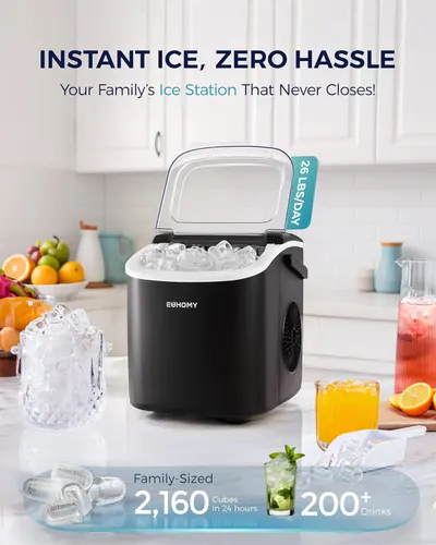 Highlights the product's ability to produce ice quickly and continuously, emphasizing its convenience for family use.