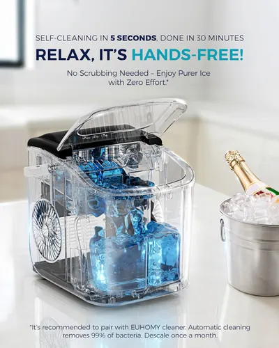 Highlights the product's hands-free self-cleaning feature, emphasizing convenience and ease of use for the customer.