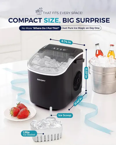 Demonstrates the product's small footprint and dimensions to show it can fit in various spaces easily. Emphasizes the ice maker's compact size as its key selling point, positioning it as a…
