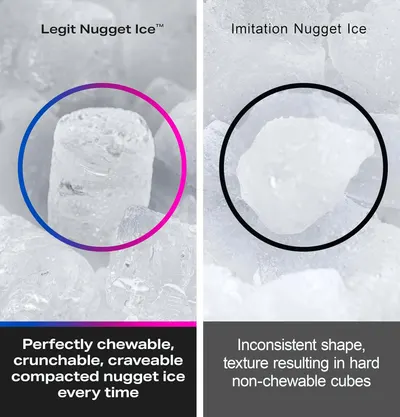 Highlights the superior quality and texture of the product's ice compared to imitation alternatives, emphasizing its chewable and enjoyable characteristics.