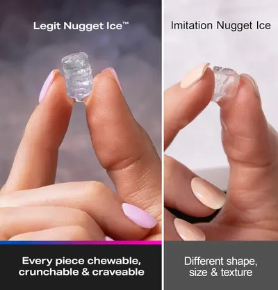 Demonstrates the superiority of 'Legit Nugget Ice' over imitation products by highlighting differences in shape, size, and texture.