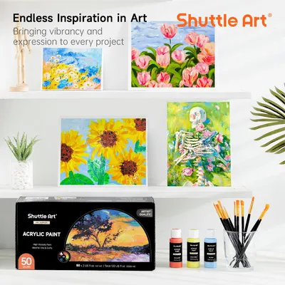 Highlights the brand's ability to provide endless artistic inspiration and vibrant expression through their art supplies. Shows the range of art supplies included in the Shuttle Art product line,…