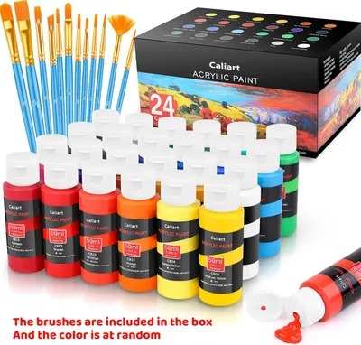 Shows the complete contents of the acrylic paint set, including 24 paint colors and a set of brushes, to highlight the value and comprehensiveness of the kit.
